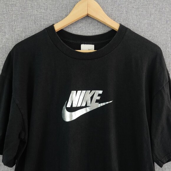 Nike Other - Vintage Nike Black T-Shirt Size Large Silver Metallic Swoosh Logo Y2K
